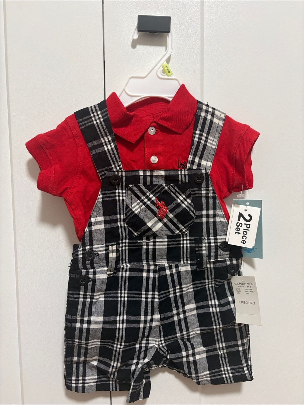 U.S. Polo Assn. Red Polo with Black & White Plaid Overall Shorts